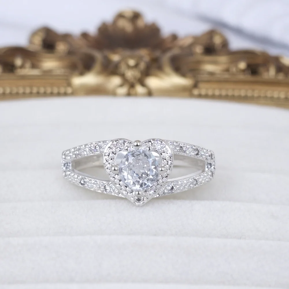 Sterling Silver 925 Heart Halo Ring Size 8.5 | Bridal Sparkle